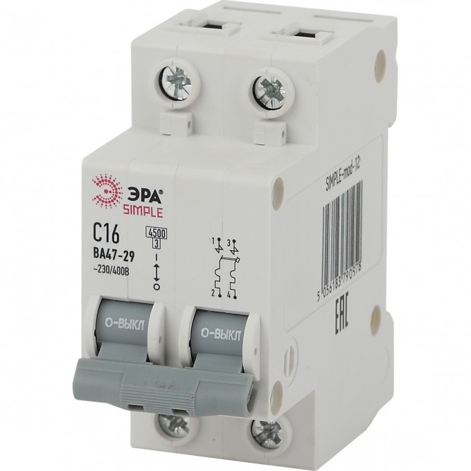 Автоматический выключатель ЭРА SIMPLE-MOD-12 2P 16А C 4,5кА ВА 47-29 B0039229 Автоматический выключатель ЭРА SIMPLE-MOD-12 2P 16А C 4,5кА ВА 47-29 B0039229