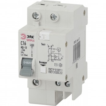 Автоматический выключатель ЭРА SIMPLE-MOD-29 дифференциального тока 1P+N 16А 30мА тип АС х-ка Автоматический выключатель ЭРА SIMPLE-MOD-29 дифференциального тока 1P+N 16А 30мА тип АС х-ка