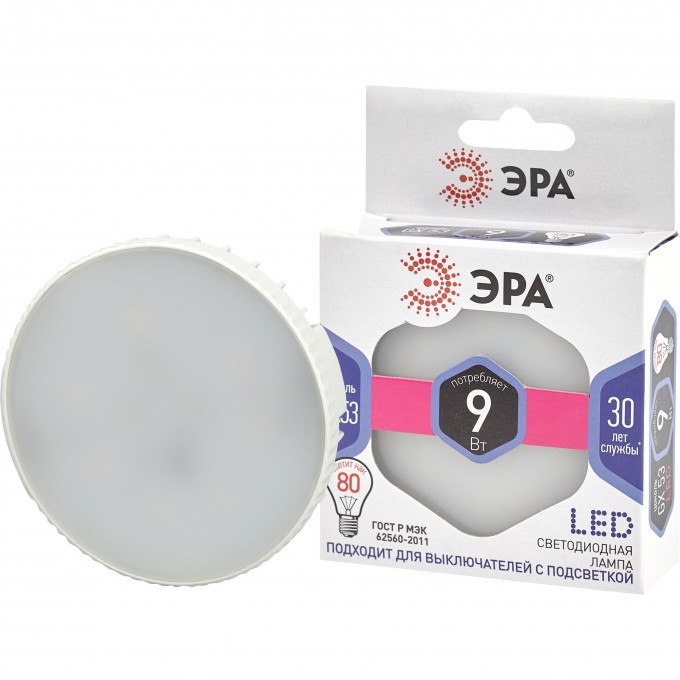 Лампа светодиодная ЭРА LED GX-9W-860-GX53 GX 9Вт таблетка GX53 холод. бел. Б0048019 B0048019 Лампа светодиодная ЭРА LED GX-9W-860-GX53 GX 9Вт таблетка GX53 холод. бел. Б0048019 B0048019