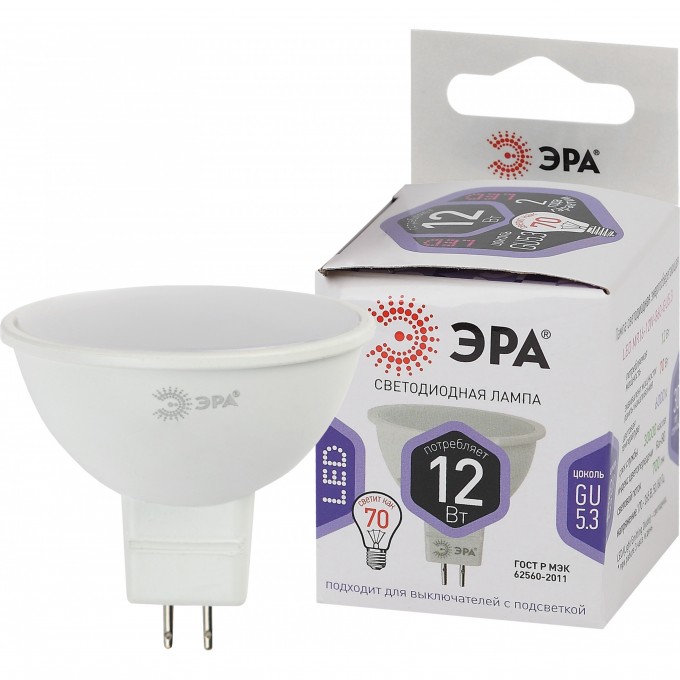 Лампа светодиодная ЭРА LED MR16-12W-860-GU5.3 MR16 12Вт софит GU5.3 холод. бел. B0049075 Лампа светодиодная ЭРА LED MR16-12W-860-GU5.3 MR16 12Вт софит GU5.3 холод. бел. B0049075