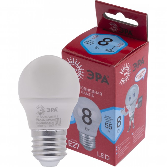 Лампа светодиодная ЭРА RED LINE LED P45-8W-840-E27 R 8Вт P45 шар 4000К нейтр. бел. E27 Б0049645 B0049645 Лампа светодиодная ЭРА RED LINE LED P45-8W-840-E27 R 8Вт P45 шар 4000К нейтр. бел. E27 Б0049645 B0049645
