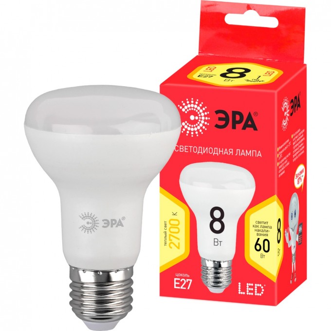 Лампа светодиодная ЭРА RED LINE LED R63-8W-827-E27 R R63 8Вт рефлектор E27 тепл. бел. Б0050701 B0050701 Лампа светодиодная ЭРА RED LINE LED R63-8W-827-E27 R R63 8Вт рефлектор E27 тепл. бел. Б0050701 B0050701