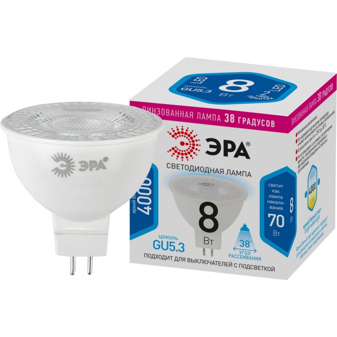 Лампа светодиодная ЭРА STD LED LENSE MR16-8W-840-GU5.3 8Вт MR16 софит 4000К нейтр. бел. GU5.3 650лм 170-265В линзованная Б0054939 B0054939 Лампа светодиодная ЭРА STD LED LENSE MR16-8W-840-GU5.3 8Вт MR16 софит 4000К нейтр. бел. GU5.3 650лм 170-265В линзованная Б0054939 B0054939