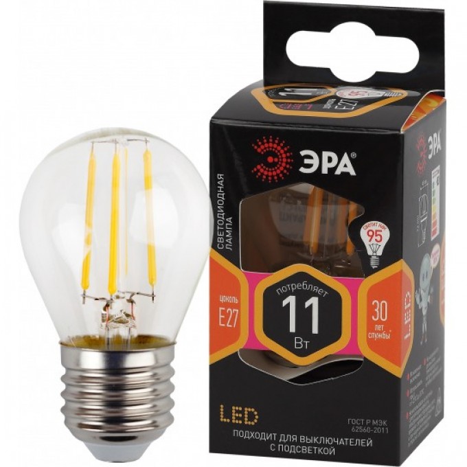 Лампочка светодиодная ЭРА F-LED P45-11W-827-E27 Е27 / Е27 11Вт филамент шар теплый белый свет B0047013 Лампочка светодиодная ЭРА F-LED P45-11W-827-E27 Е27 / Е27 11Вт филамент шар теплый белый свет B0047013