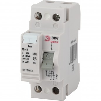 Устройство защитного отключения ЭРА SIMPLE-MOD-48 SIMPLE УЗО ВД-40 2P 63А/100мА электронное Устройство защитного отключения ЭРА SIMPLE-MOD-48 SIMPLE УЗО ВД-40 2P 63А/100мА электронное